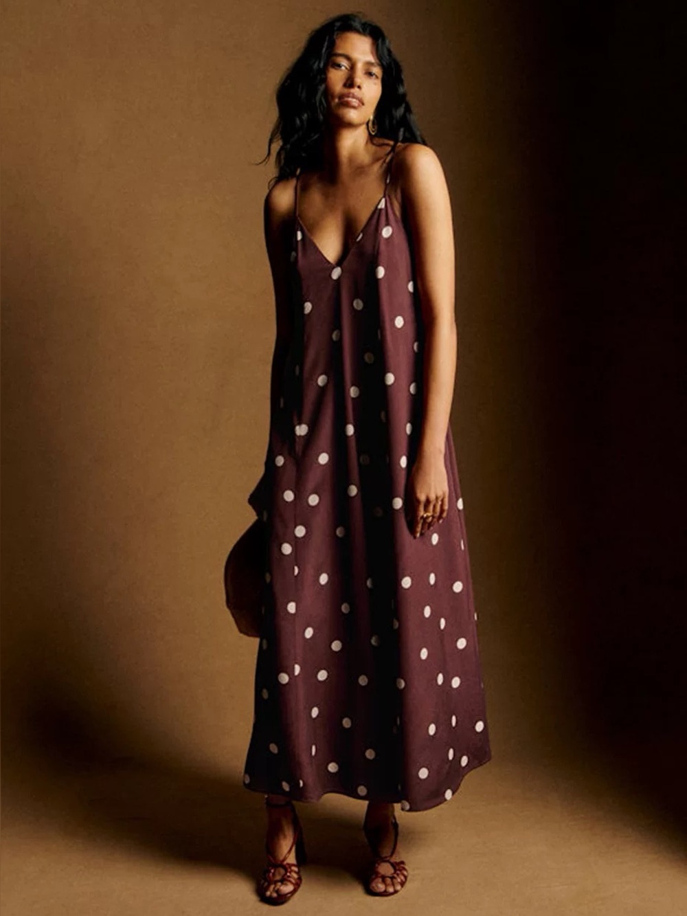 NEW Sezane Giuseppa Silk Polka Dot Slip Dress Ecru Polka Dot on Chocolate Print